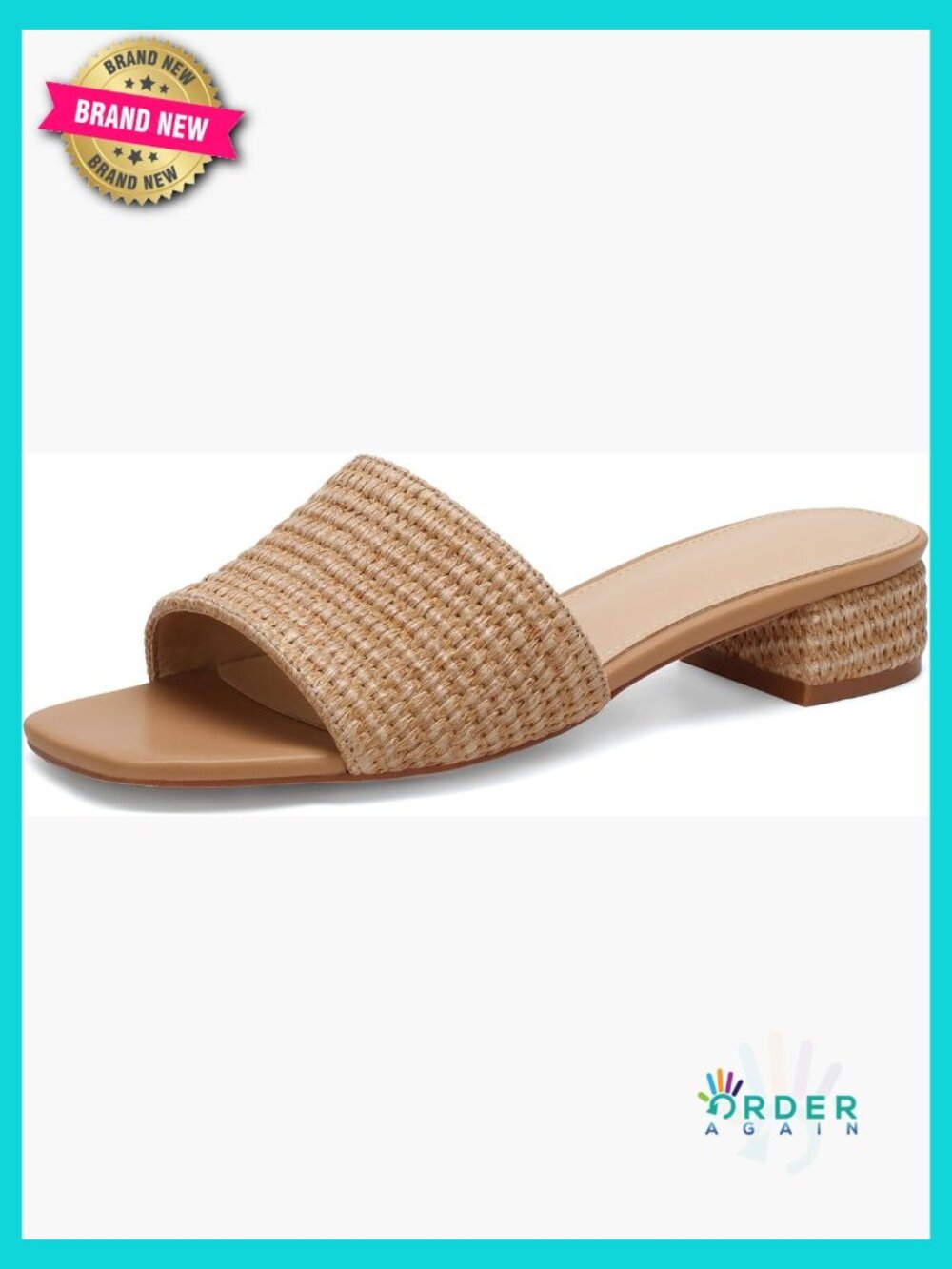 Woven Raffia Slide Sandals Low Heel Square Toe Memory Foam Insole Slip On